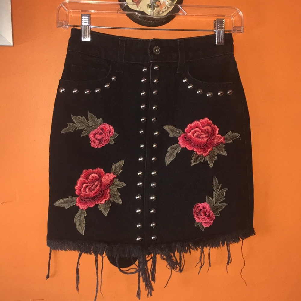 LF Carmar Rose Embroidered Studded Denim Skirt 🌹